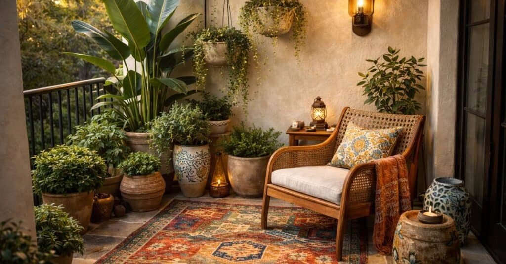 image of a porch corner with chair and layered greenery