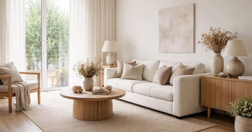 Minimalist apartment living room with warm neutral tones and simple decor.