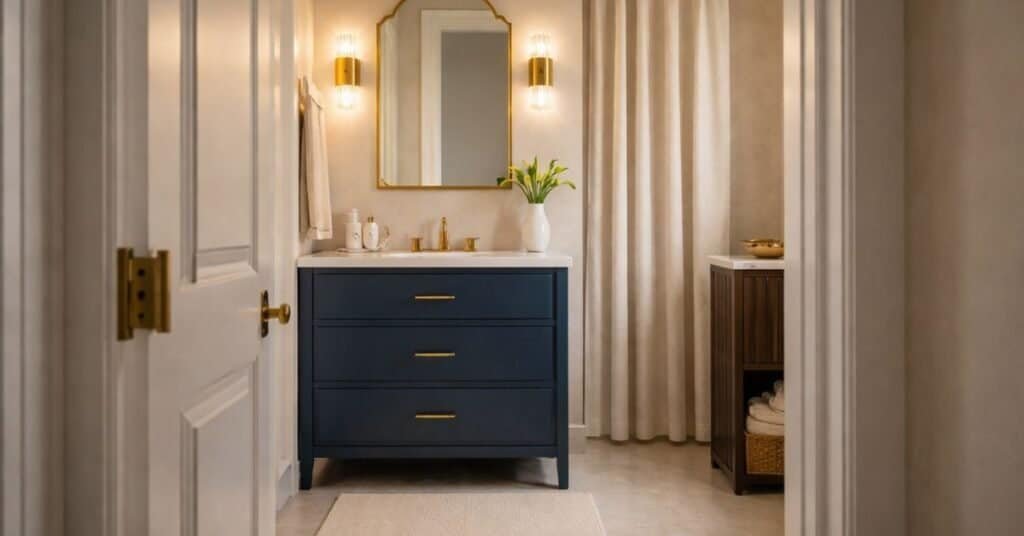Modern art deco rental bathroom viewed from the doorway with a clear counter, soft shower curtain, single bath mat, and one storage piece, styled with elegant lines and warm layered lighting.