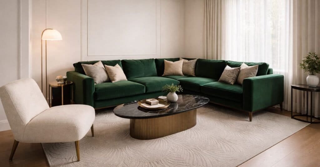 small rectangular room with a corner sectional and a properly sized rug