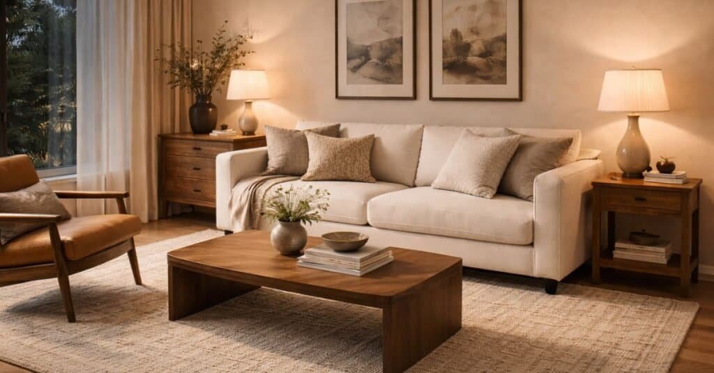 Modern vintage minimalist living room with oatmeal linen sofa, camel leather chair, walnut coffee table, textured wool rug, warm table lamps, and soft evening light.