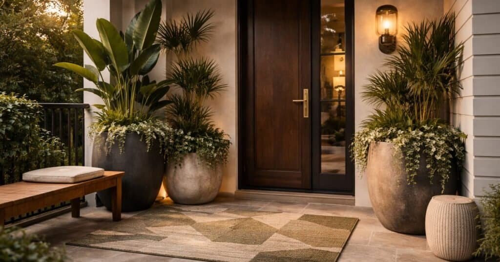 Image of porch doorway framed with two tall planters