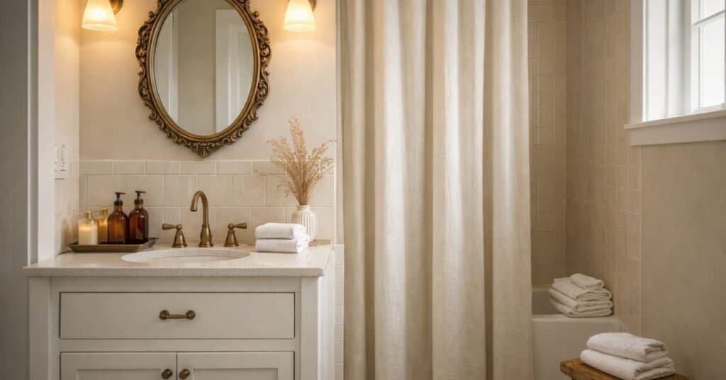 Modern vintage rental bathroom with matching bottles, folded towels, a neutral shower curtain, and a natural accent by the sink, styled in warm layered light with calm, timeless details.