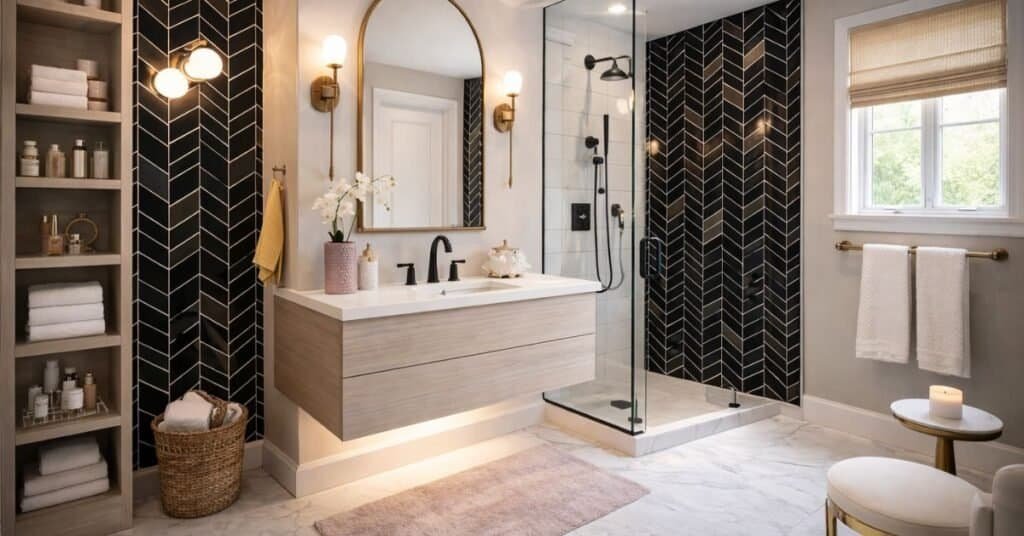 Glam modern bathroom with brass accents