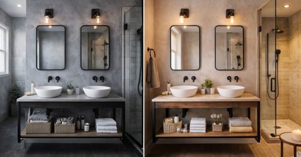 Gray vs neutral industrial bathrooms