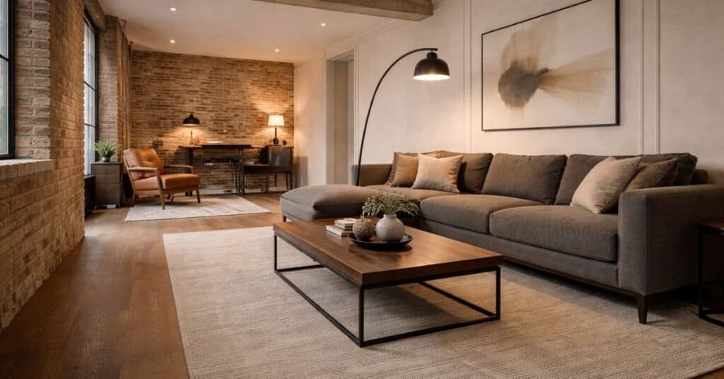 rectangular room split into two zones with rug and lighting