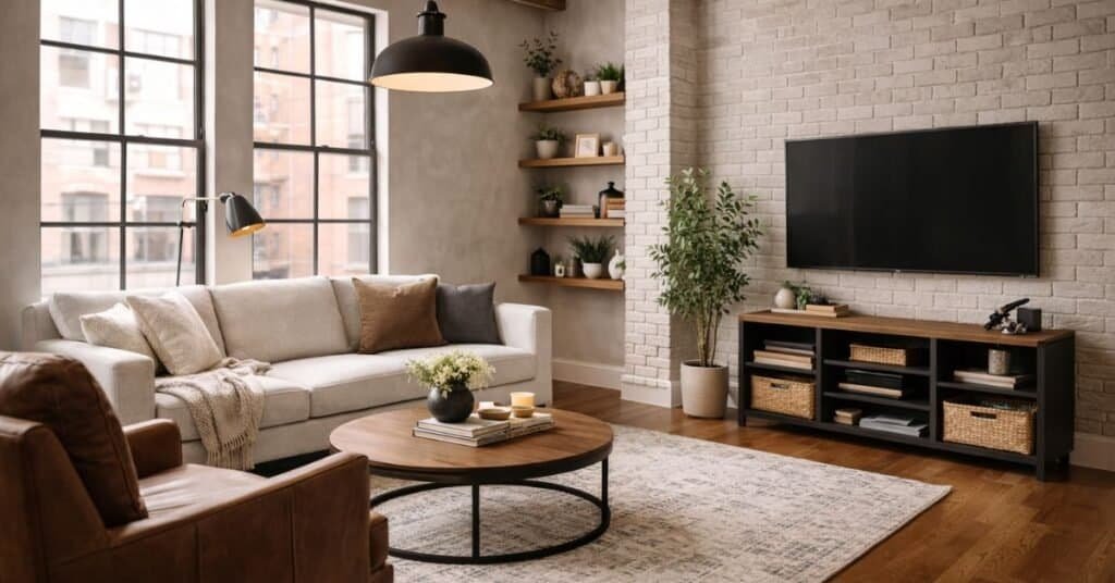 floating corner shelves in a small living room with simple decor and plants