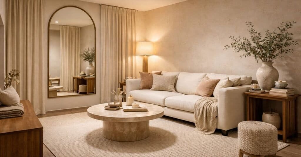 Minimalist apartment living room featuring a large rug and airy curtains.