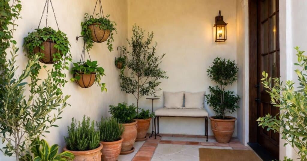 image of vertical porch greenery with hanging planters