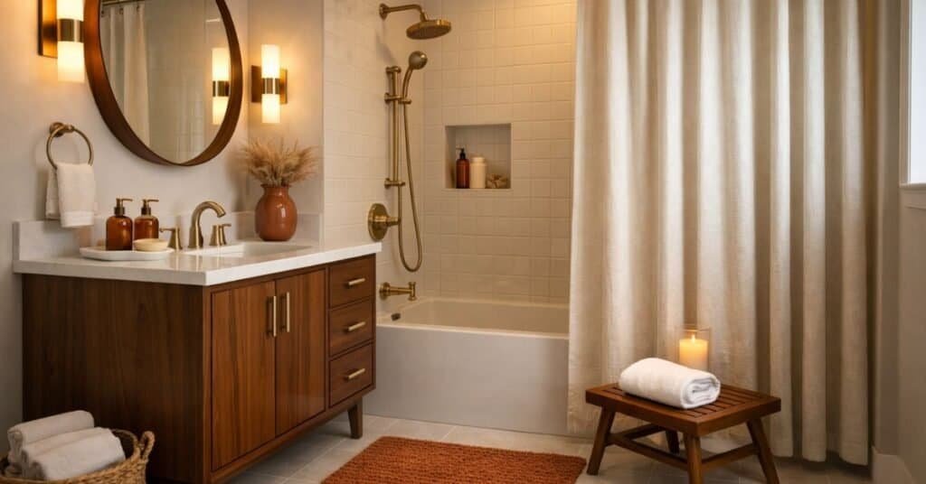 Mid Century Modern bathroom with brass accents