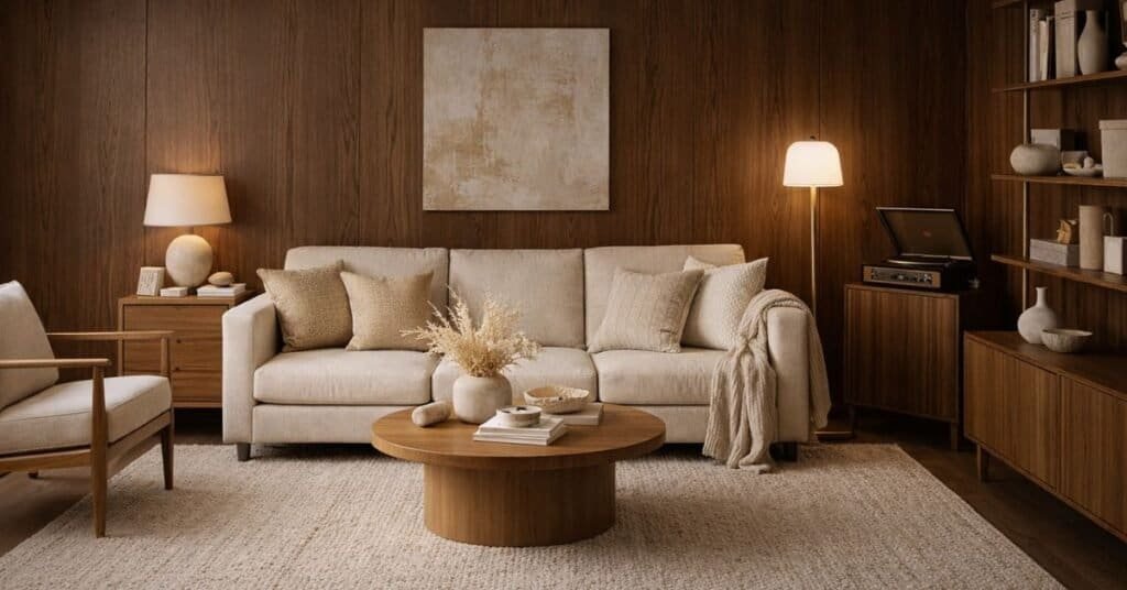 Cozy minimalist apartment living room with neutral colors and warm textures.