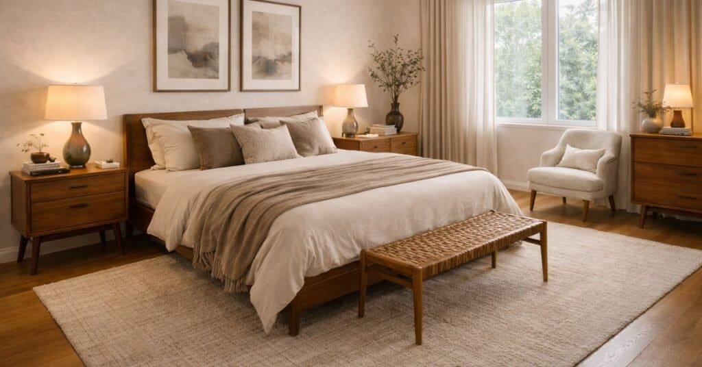 Mid century warm minimalist bedroom with layered neutral bedding, oak nightstands, woven bench, boucle chair, textured rug, and tall window on the right.