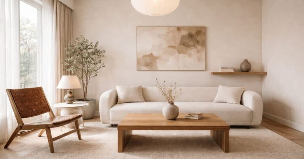 A minimalist living room showcasing a neutral color palette and simple decor, embodying the minimalist decorating style.