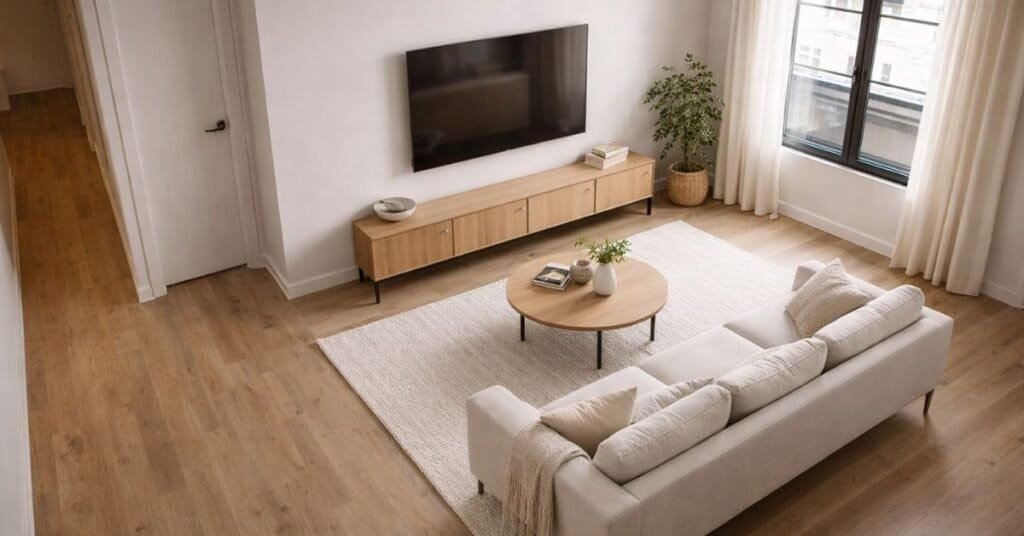 Minimalist apartment living room with warm tones and slim furniture arrangement.