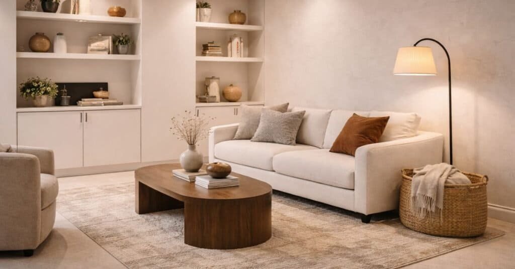 Industrial basement den with white sofa, white built in shelves, walnut coffee table, rust accent pillow, woven basket, textured neutral rug, and warm floor lamp lighting.