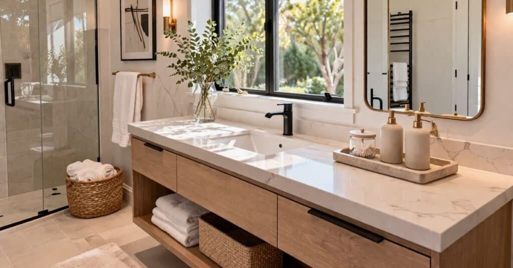 image of a tidy bathroom counter with a tray, matching bottles, one small jar, and open space left around the sink.