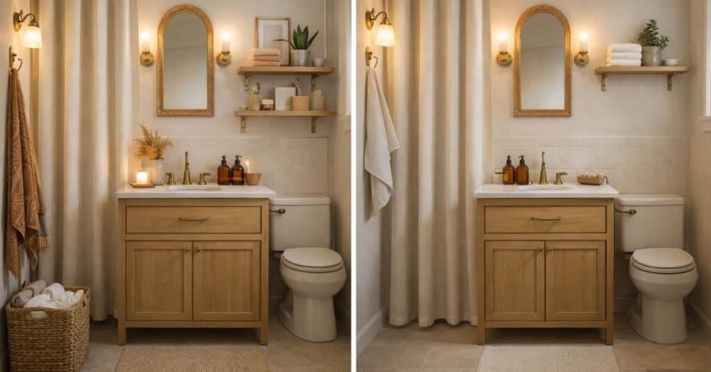Side-by-side modern boho rental bathrooms showing an over-styled version beside a simpler edited version, with warmer light, cleaner surfaces, one shelf above the toilet, and soft neutral textures.
