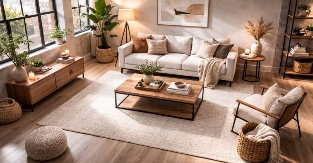 Minimalist apartment living room with open space and warm decor.