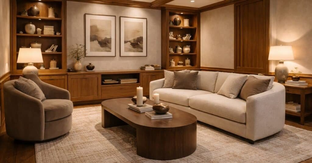 Warm minimalist den with curved linen sofa, taupe swivel chair, dark wood coffee table, paneled walls, oak built ins, coffered ceiling, and soft layered lighting.