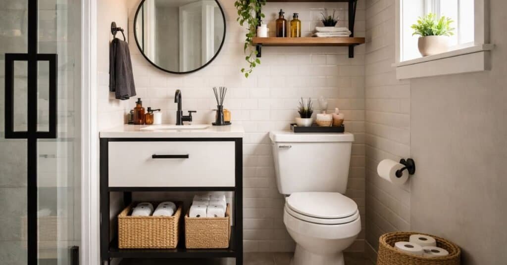 Modern industrial tiny rental bathroom with clear floor space, a slim sink vanity, round black mirror, over-the-toilet wood shelf, woven basket, simple sink tray, and warm layered lighting.