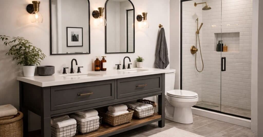 Modern industrial bathroom with mixed metals
