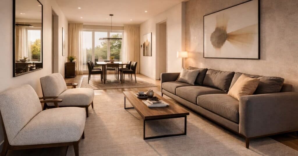 long rectangular room with doors at both ends and a clear center path