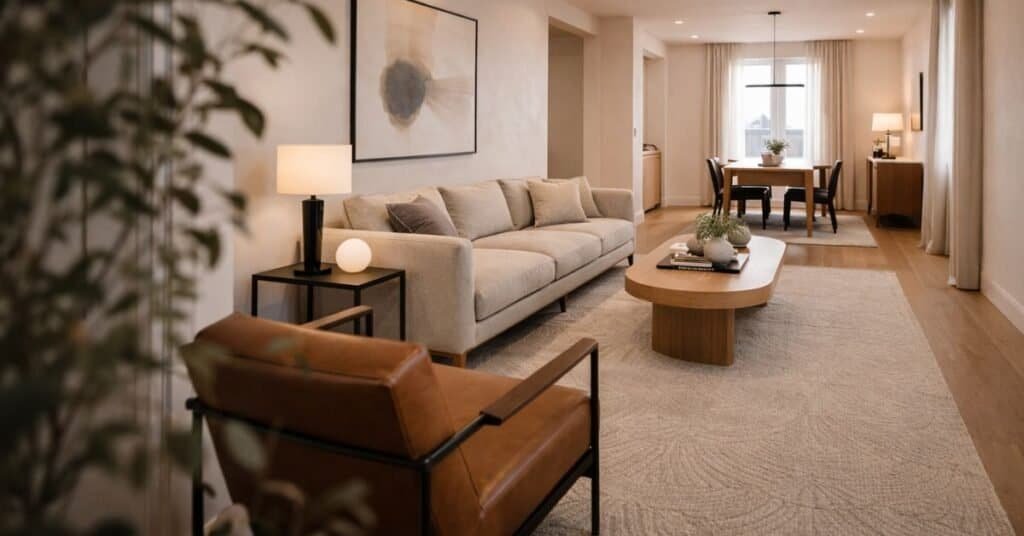 small room with furniture pulled forward and a clear walkway