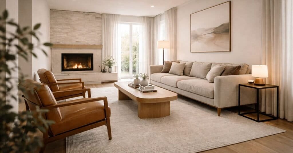 an image of long rectangular room with fireplace as a focal point