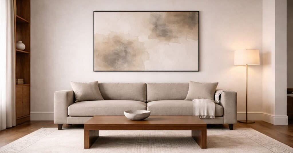 A minimalist room showcasing simple furniture and neutral colors, reflecting the minimalist decorating style.