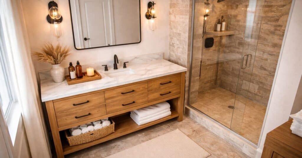 image of a styled bathroom vanity with one tray, one basket, folded hand towels, and open space left around the sink.