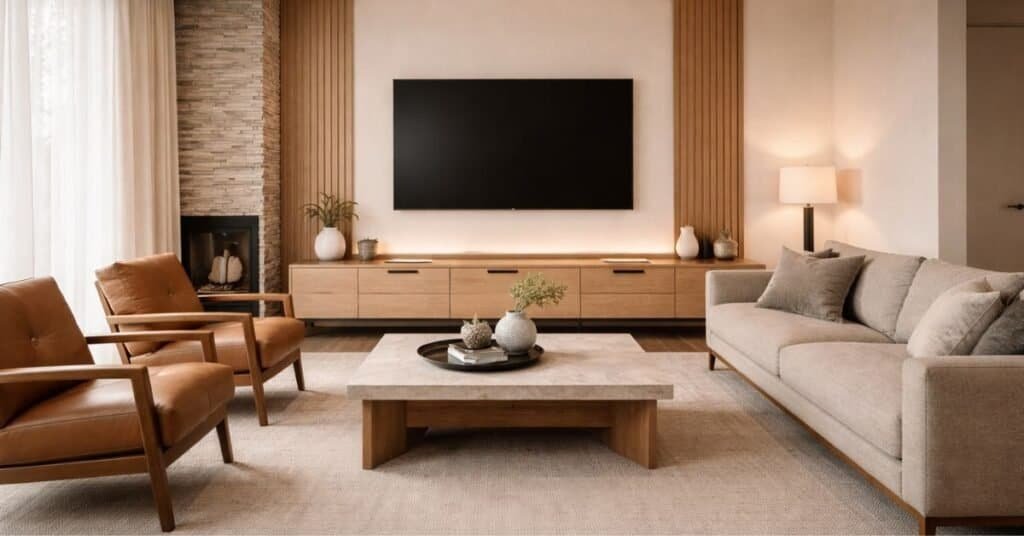 TV wall with seating aimed toward it and no glare hotspots.