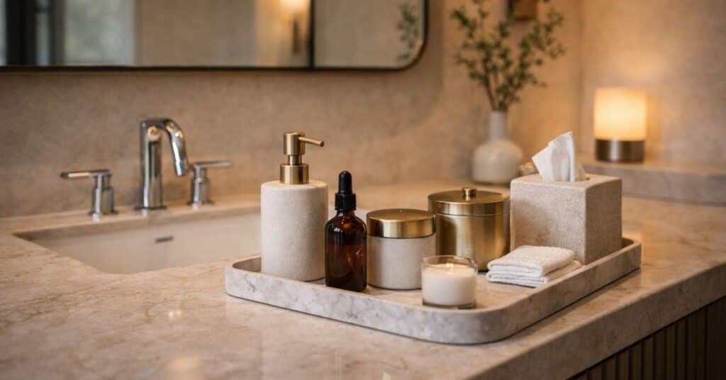 Modern spa vanity with brass accents