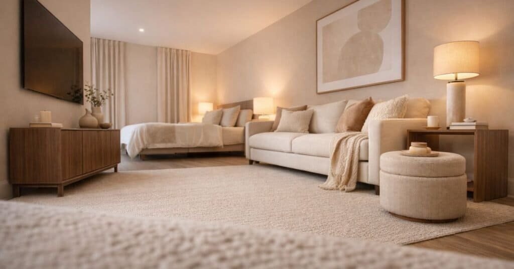 Cozy minimalist apartment living room with warm decor and open space