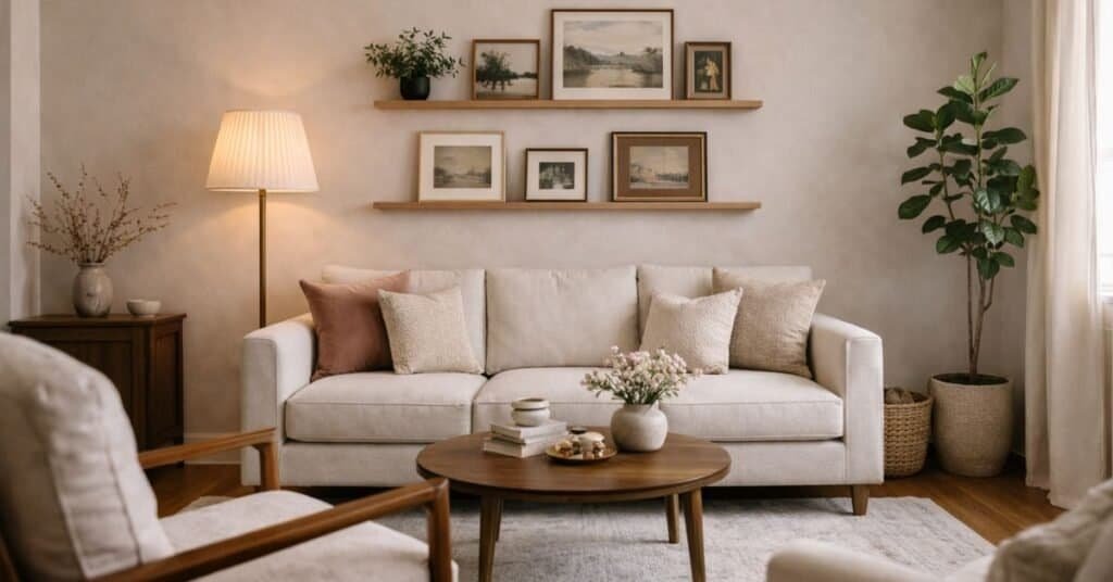 small living room corner with a floor lamp and wall ledge for added height