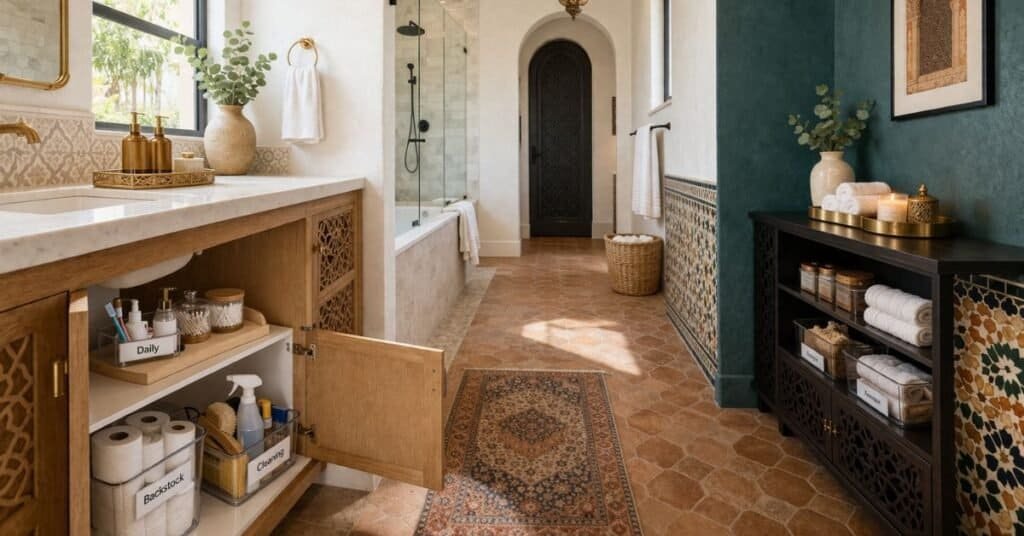 image of an under sink cabinet with clear bins, one small riser, and simple sections for daily items, backstock, and cleaning supplies.