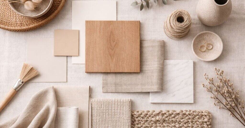 Overhead flat lay of a warm neutral palette board with paint swatches, oak wood sample, linen fabric, woven rug texture, ceramic pieces, and rustic minimalist material accents.