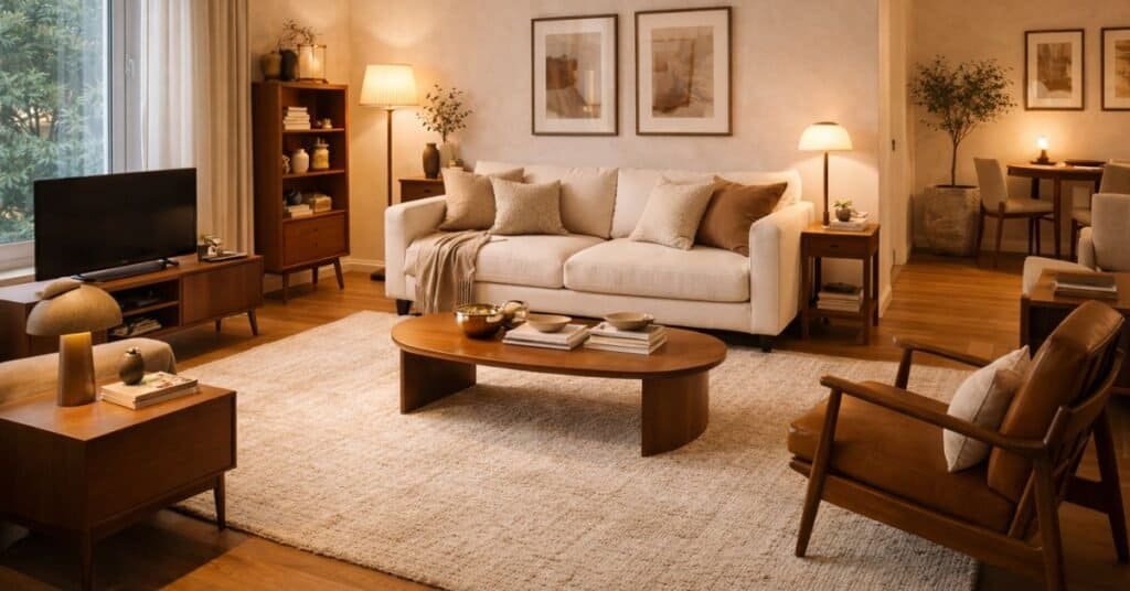 Retro small apartment living room with cream sofa, walnut furniture, camel leather chair, warm lamp lighting, textured neutral rug, and cozy open layout.