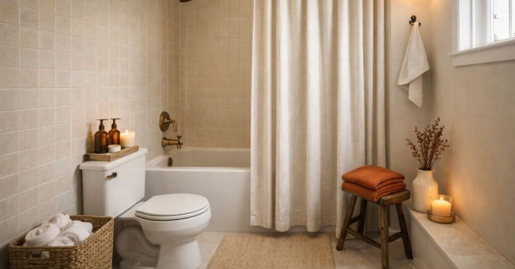 Modern farmhouse rental bathroom with dated tile walls, a soft shower curtain, simple bath mat, and warm-toned accents styled to soften the space and draw attention away from older finishes.
