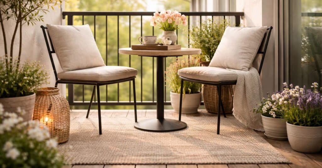 Narrow spring balcony set up as a morning coffee corner with slim chairs and a small round table