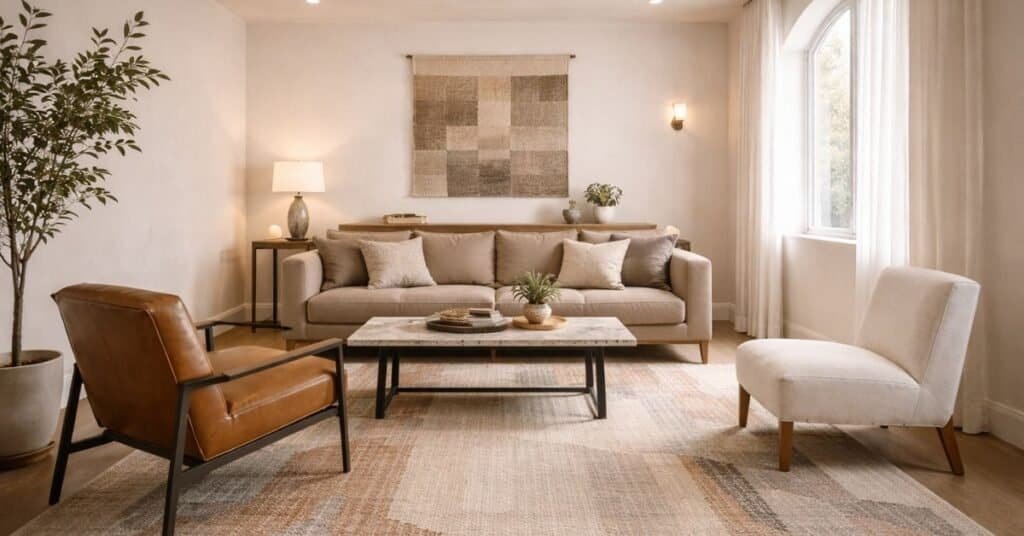 image of a small room with furniture pulled forward and a clear walkway