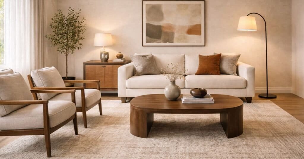 Timeless warm minimalist living room with ivory linen sofa, walnut framed chairs, rounded wood coffee table, abstract wall art, arched floor lamp, and muted mid century retro tones.