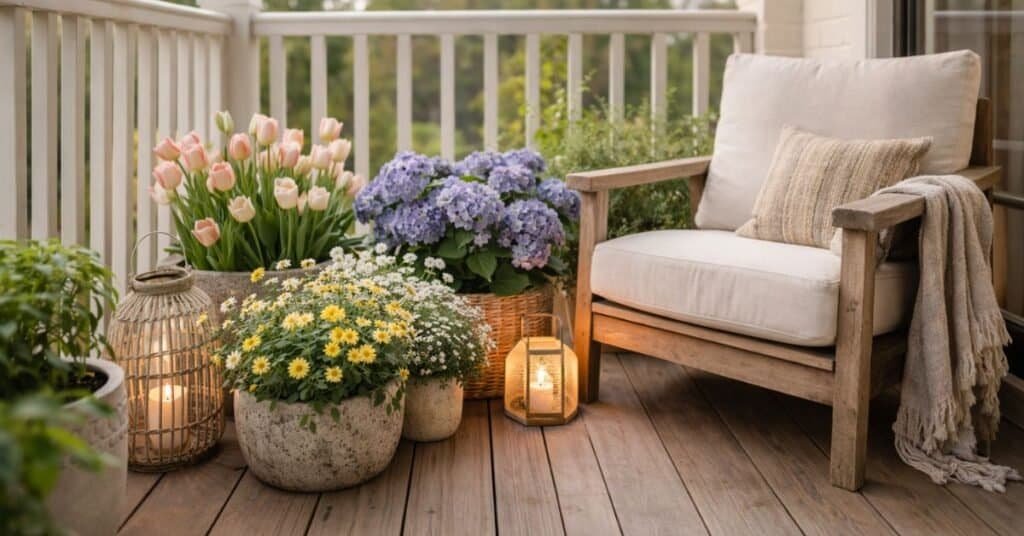 Springtime balcony with flowers and chair