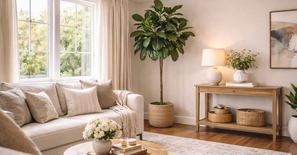 small living room corner with a tall plant and open space that keeps the layout light