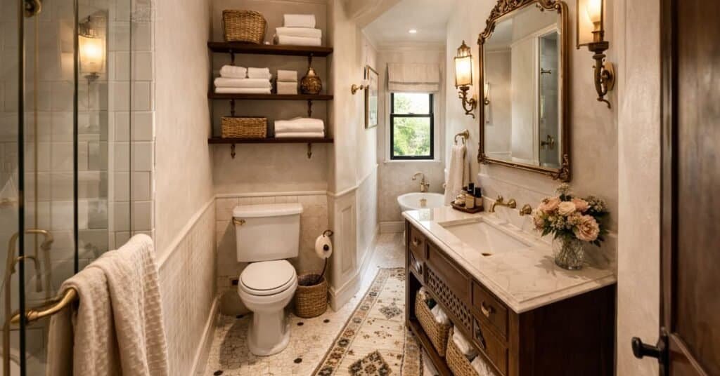 Vintage style bathroom with brass accents