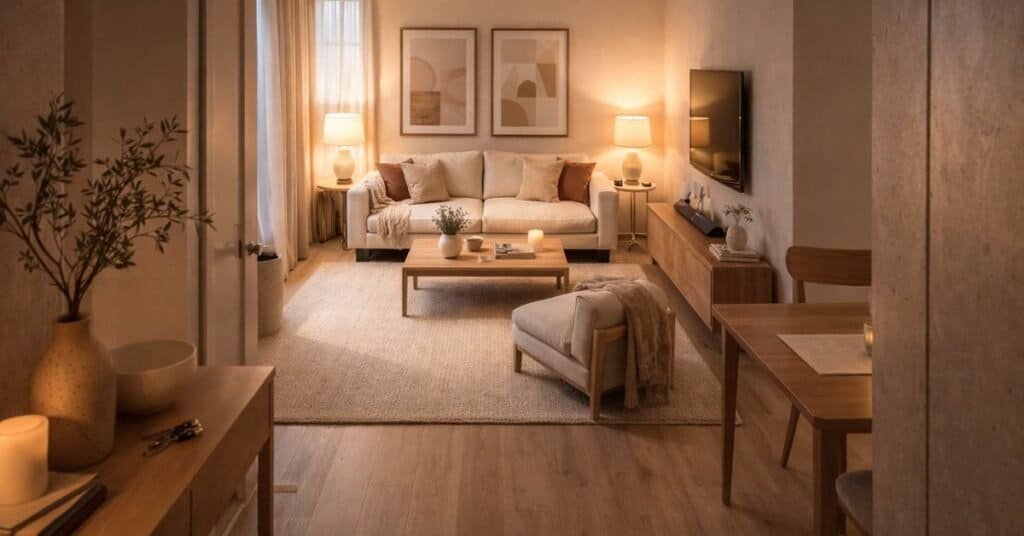 Warm minimalist apartment living room with open sightlines and simple decor.