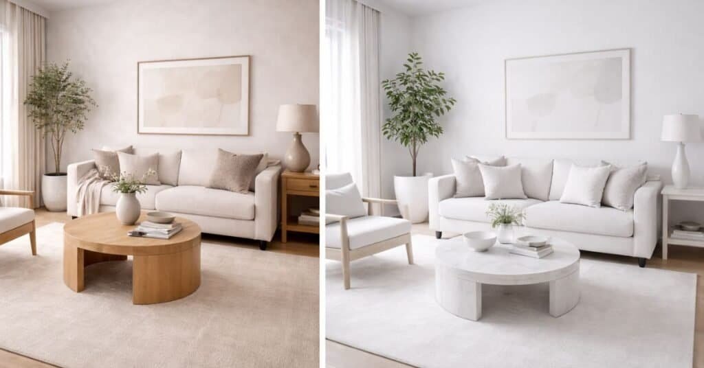 Diagonal view of a minimalist living room with warm wood, soft neutral textures, and gentle lighting contrasted with a cooler minimalist space with stark white surfaces and minimal texture.