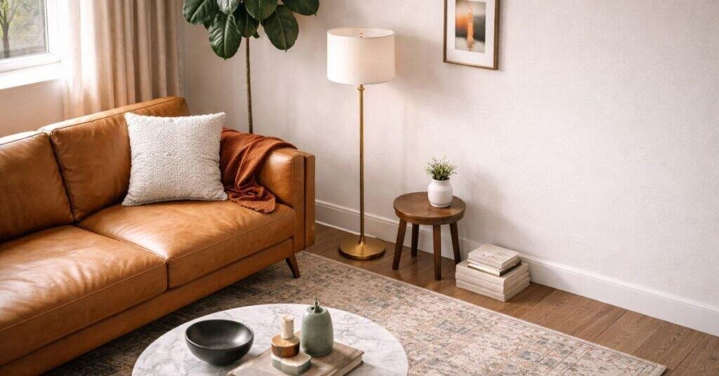 awkward living room corner beside a sofa with decor that looks too small and scattered