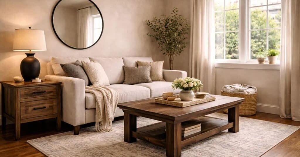 neutral small living room corner with dark wood table and black lamp base