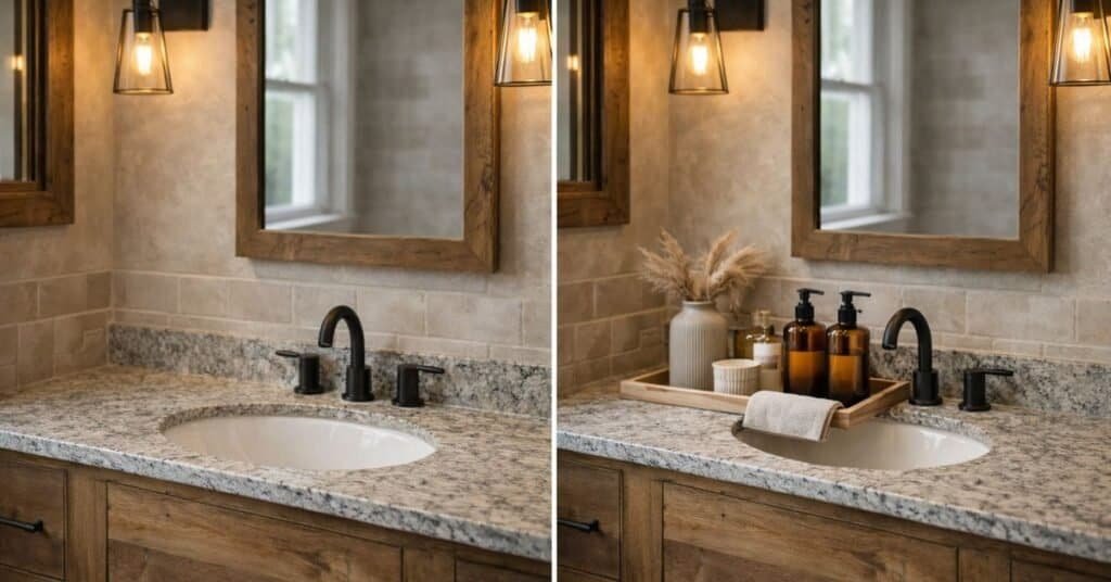 Split view of a modern rustic rental bathroom sink area showing a plain vanity beside a calmer styled version with a tray, matching bottles, a folded hand towel, warm sconces, and wood framed mirrors.