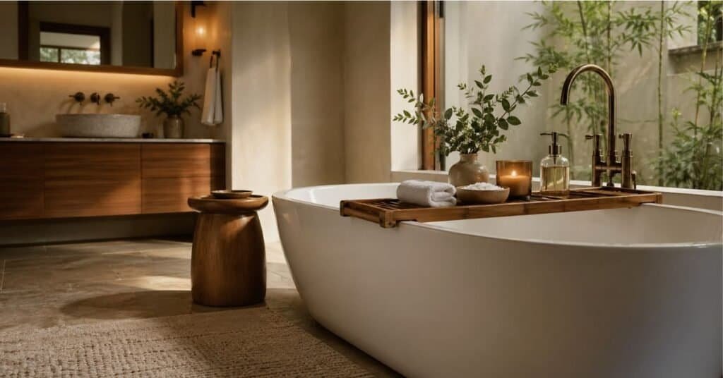Bamboo bath tray with candle, bath salts, towel, and greenery styled across a white bathtub.